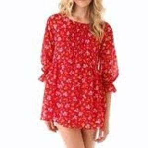 Free People Women's Size 2 Doll Pants Mini Dress Red Floral Tunic